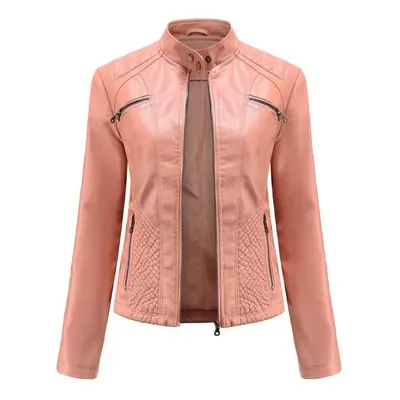 (pink, 3XL) Ladies Autumn Winter Stand Collar Long Sleeve Slim Leather Pu Jacket S-3xl