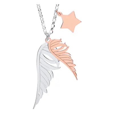 Jewelco London Ladies Rhodium & Rose Gold-Plated Sterling Silver Star Angel Wings Charm Necklace