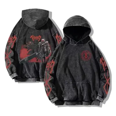 (L, black,red) Harajuku Anime Berserk Guts Print Hooded Men Women Vintage Manga Hoodies Plus Siz