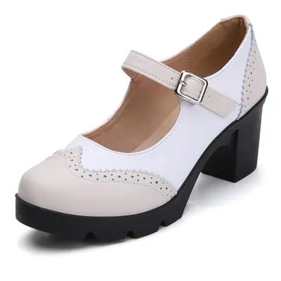 (beige, 34) Women Mary Jane Pumps Genuine Leather Sheepskin High Heels Elegant Retro Square Roun