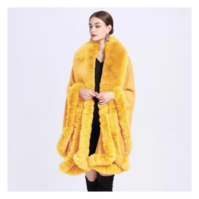 (yellow, One size) Elegant V Lapel Faux Rex Rabbit Fur Coat Cape Winter Women Big Long Shawl Ful