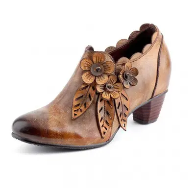 (coffee, 5) High Heels Genuine Leather Women Shoes Zip Retro Casual Round Toe Flower Handmade La