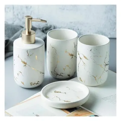 (white, 4pcs) Scandinavian Bathroom Accessories Set Marble Toothbrush Cup With Two Rinse Cups So