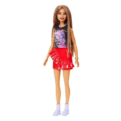 âBarbie Fashionistas Doll with Long Braided Hair Wearing Girl Power T-Shirt, Red Pleather Skir