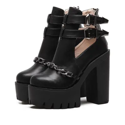 (black, 41) Sexy Ankle Boots Women High Heels Casual Cut-outs Buckle Round Toe Chain Thick Heels