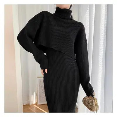 (black, One size) Autumn Winter New Women Two-piece Set Korean Fashion Long Bodycon Knitted Swea