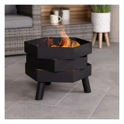 CHARLES BENTLEY Hexagonal 46cm Black Powder Coated Steel Modern Firepit, Wood And Charcoal Burne