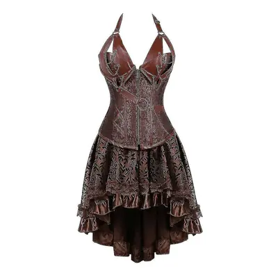 (Steampunk Corset Dress Women Gothic Faux Leather Corset With Asymmetric Lace Skirt Set S-6xl) S