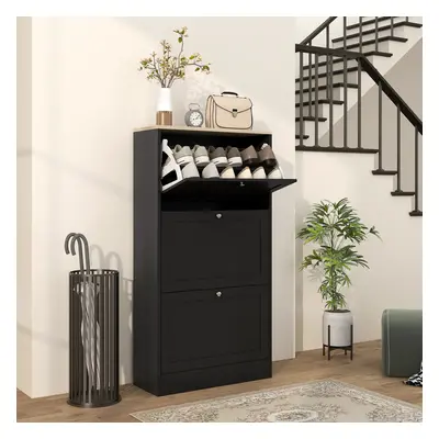 HOMCOM Narrow Shoe Cabinet with Flip Drawers for Pairs of Shoes Black