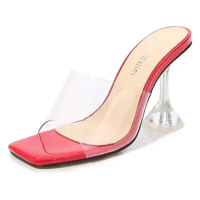 (10, Red) Hee grand Women Summer Clear Heels Slide-Sandals Transparent Peep Toe Stiletto Wedding