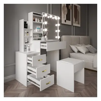 Dressing Table Mirror & Stool Set Vanity Makeup Desk With Drawers + Led Lights