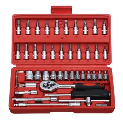 (red, 46pcs/set) 46pcs Socket Wrench Tool Set Auto Repair Mixed Tool Combination Package Hand To