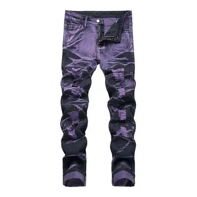 (black-purple, 28) Four Seasons Ripped Jeans Youth Streetwear Causal Slim Denim Pants Personaliz