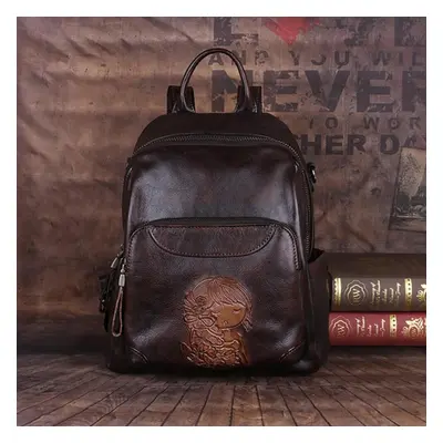 (brown) Johnature Retro Genuine Leather Women Backpack Large Capacity Leisure First Layer Cowhid