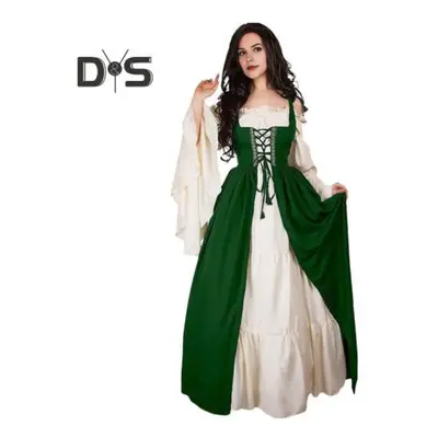 (green, XL) Set Women Dress Shirring Edge Square Neck Tight Waist Flowy Sleeves Lace-up Patchwor