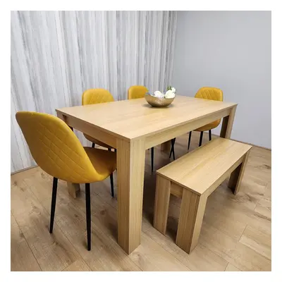 Wooden Dining Table Set for Oak Effect Table With Mustard Gem Patterned Chairs and Bench