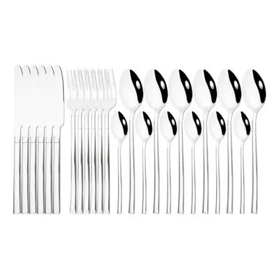 (silver) 24pcs Black Gold Cutlery Set Stainless Steel Dinnerware Knives Fork Spoon Dinner Tablew