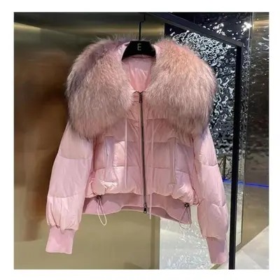 (rose, L) Women&apos;s Autumn And Winter High-end Down Jacket Imitation Raccoon Fur Collar Loose