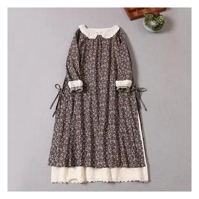 (navy blue, One Size) Japanese Mori Girl Spring Autumn Women Cotton Linen Dress Peter Pan Collar