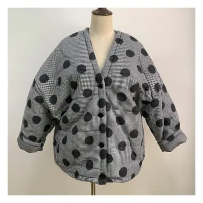 (gray, One Size) Johnature Spring Women Polka Dot Parkas V-neck Bat Sleeve Warm Coats Button Loo