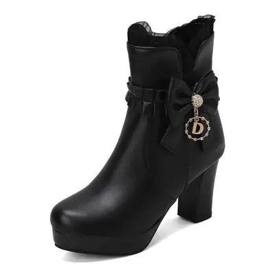 (black, 38) Women Ankle Boots Round Toe Chunky High Heels Metal Decoration Zipper Platform Bow S