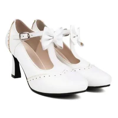 (white, 41) Women Pu Leather Pumps Thin High Heels Round Toe T-tied Bow Sexy Party Spring Autumn