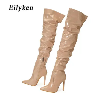 (apricot, 39) Eilyken High Quality Pleated Patent Leather Motorcycle Over The Knee Boots Women F