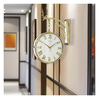 (White) Elegant Deer Head Double-Sided Faces Retro Station Round Wall Clock Hanging