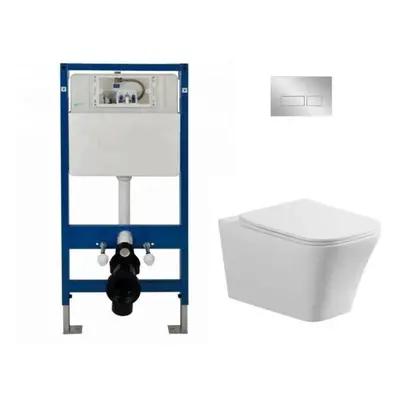 (Complete Set Square WC (Chrome)) Wall Hung Toilet Rimless DPT Pan, Seat & 1.12m Concealed Ciste