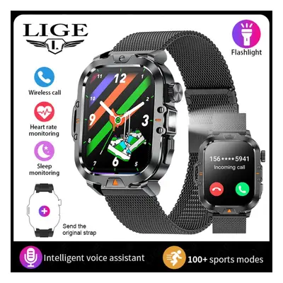 (black, mesh belt) Lige Led Flashlight Smart Watch 2.01" Tft Large Screen Sports Fitness Health 