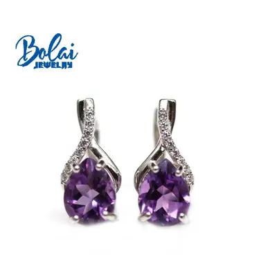 (purple, M) Bolaijewelry,natural Brazil Amethyst Clasp Earring 4ct Up Pear 7*9mm Real Gemstone J