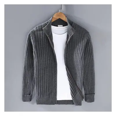 (dark grey, M) Autumn Winter Men Cardigan Sweater Men&apos;s Stand Collar Zipper Cotton 100% Thi