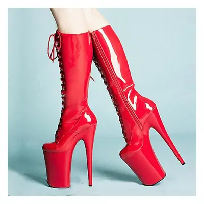 (red, 46) 20cm Thin-heeled High-heeled Front Lace-up Boots Patent Leather High-heeled Boots Pole