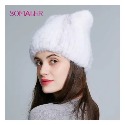 (white,grey) Somaler Genuine Mink Fur Hats For Women Winter Knitted Strips Mink Fur Caps Headwea