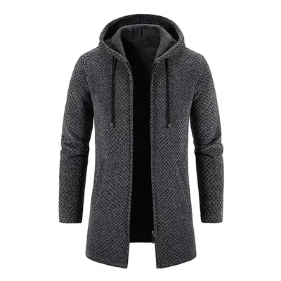 (as the picture, XXXXL) Men&apos;s Medium Long Coat Hooded Plush Plaid Knitting Drawstring Coat 