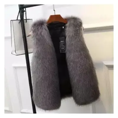 (dark grey, M) Women Fur Vest Autumn Winter Imitation Fox Fur Coat Female Street Casual Sleevele