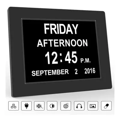 (Black) Calendar Memory Loss Day Clock with Digital Photo Frame Inch Extra Large Non-Abbreviated