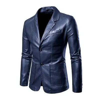 (dark blue, L) Spring Autumn Fashion Men&apos;s Lapel Coat Male Business Casual Pu Blazers Jacke