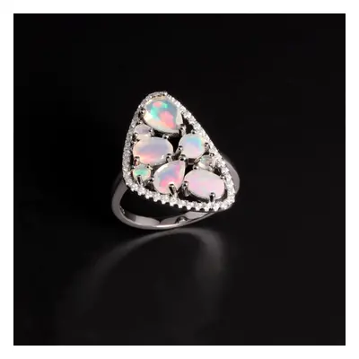 (white, US RING SIZE:10#) Colorful Rare Gem Natural Opal October Birthstone Ring Sterling Silver