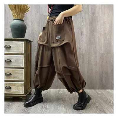 (coffee, 2XL) Folds Loose High Waist Harem Pants Female Casual Pocket Wide Leg Pants Women Sprin