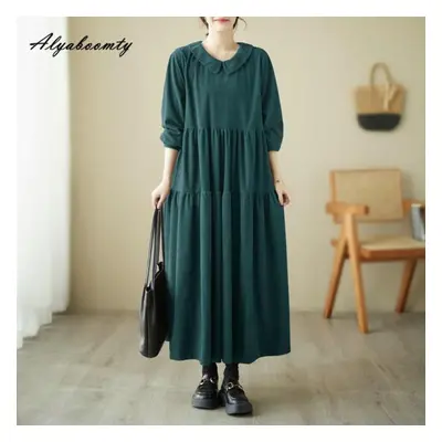 (as the picture, One Size) Plus Size Autumn Spring Women Oversized Dress Peter Pan Collar Black 