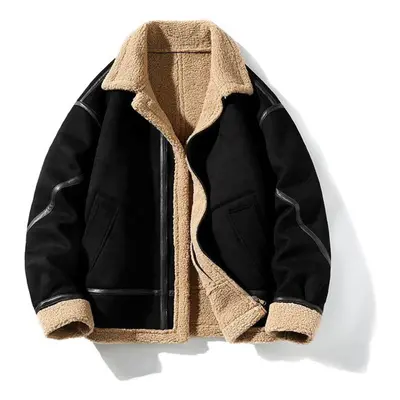 (black, 3XL) Men's Suede Jackets Faux Leather Fleece Lined Mid Length Coats Warm Bomber Jacket L