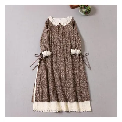 (tan, One Size) Japanese Mori Girl Spring Autumn Women Cotton Linen Dress Peter Pan Collar Flora