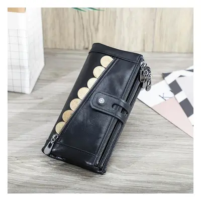 (black) Contact&apos;s Genuine Leather Wallet Long Clutch Bag For Women Zipper Phone Pocket Coin