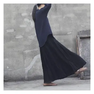 (One Size, black) Johnature Women Cotton Linen Elastice Waist Floor Length Autumn Pleated Casual