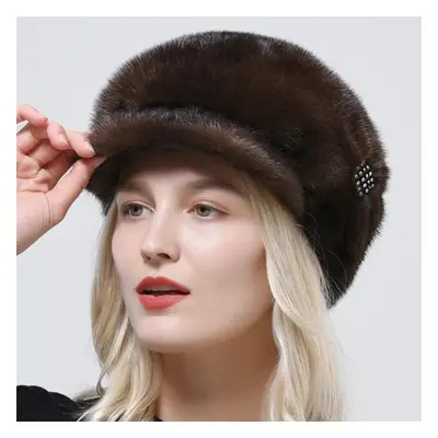 (brown, adjustable(55-60cm)) Winter Brim Hats For Women Ear Cover Luxury Domo Natural Mink Fur C