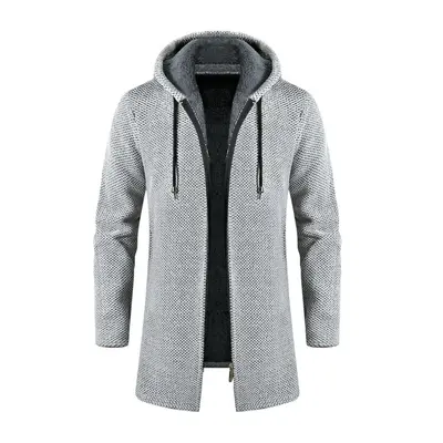 (light grey, L) Men&apos;s Sweaters Coat Autumn Winter New Warm Zipper Medium Long Velvet Cardig