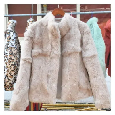 (light khaki, L) Natural Real Rabbit Fur Coat Woman Winter Fashion Stand Collar Plus Size Luxury