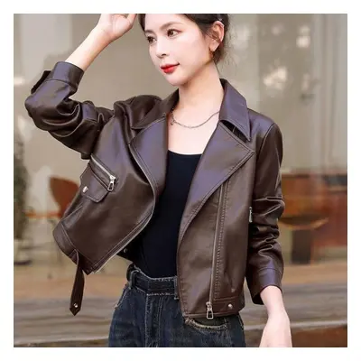 (coffee, XXL) New Spring/autumn Leather Jacket Women Short Coat Motorcycle Style Casual Outerwea