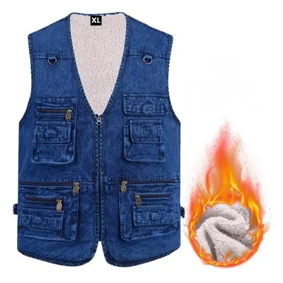 (blue, 4XL) Denim Men&apos;s Vest Autumn And Winter Large Size Casual Plus Velvet Waistcoat Warm